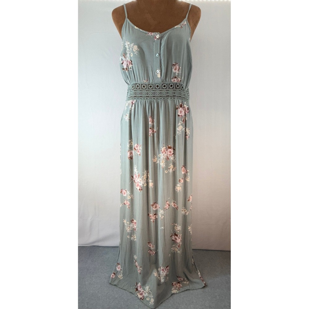 Floral Crochet Waist Maxi Dress Sage Green Pink Boho Sleeveless Sun Dress